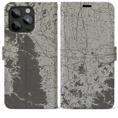【橿原（奈良県）】地図柄iPhoneケース（手帳タイプ）モノトーン・iPhone 15 Pro Max 用