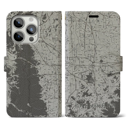 【橿原（奈良県）】地図柄iPhoneケース（手帳タイプ）モノトーン・iPhone 15 Pro 用