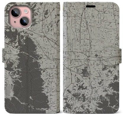 【橿原（奈良県）】地図柄iPhoneケース（手帳タイプ）モノトーン・iPhone 15 Plus 用