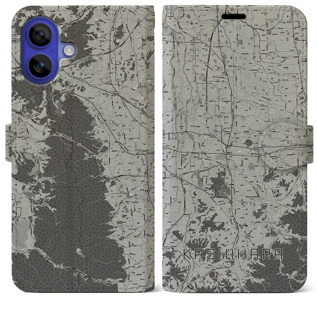 【橿原(奈良県)】地図柄iPhoneケース(手帳タイプ)モノトーン・iPhone 16 Pro Max 用