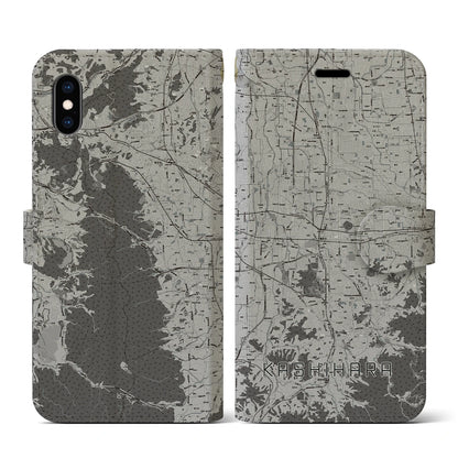 【橿原（奈良県）】地図柄iPhoneケース（手帳タイプ）モノトーン・iPhone XS / X 用
