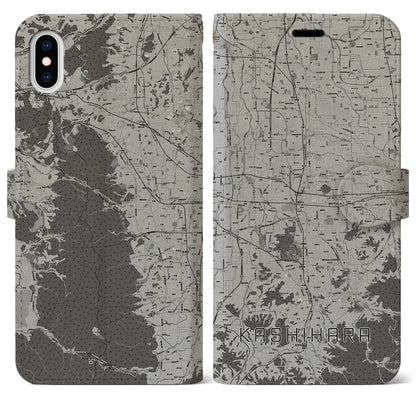 【橿原（奈良県）】地図柄iPhoneケース（手帳タイプ）モノトーン・iPhone XS Max 用