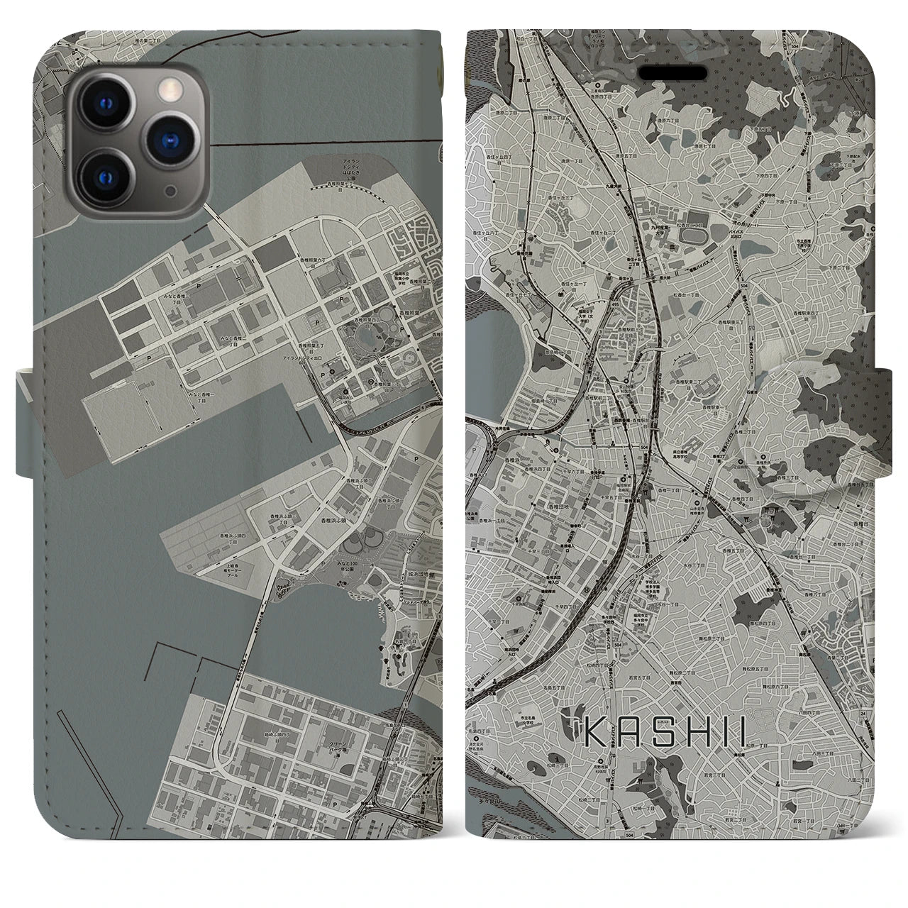 【香椎】地図柄iPhoneケース（手帳両面タイプ・モノトーン）iPhone 11 Pro Max 用