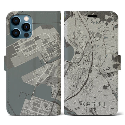 【香椎（福岡県）】地図柄iPhoneケース（手帳タイプ）モノトーン・iPhone 12 / 12 Pro 用