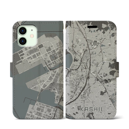 【香椎（福岡県）】地図柄iPhoneケース（手帳タイプ）モノトーン・iPhone 12 mini 用