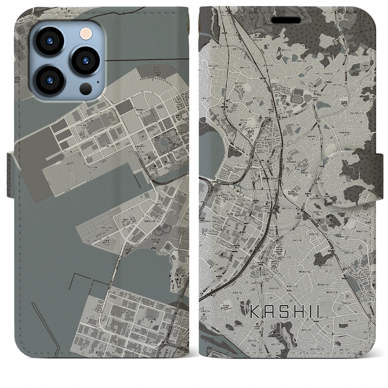 【香椎】地図柄iPhoneケース（手帳両面タイプ・モノトーン）iPhone 13 Pro Max 用