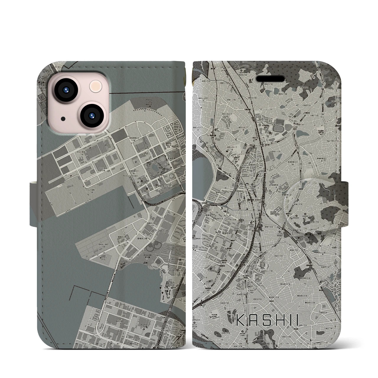 【香椎】地図柄iPhoneケース（手帳両面タイプ・モノトーン）iPhone 13 mini 用