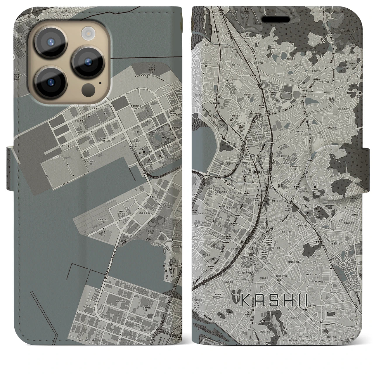 【香椎】地図柄iPhoneケース（手帳両面タイプ・モノトーン）iPhone 14 Pro Max 用