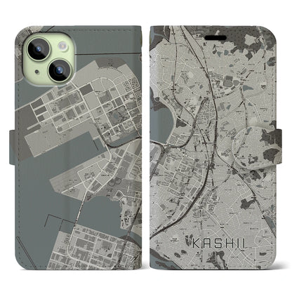 【香椎（福岡県）】地図柄iPhoneケース（手帳タイプ）モノトーン・iPhone 15 用