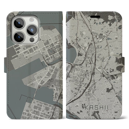 【香椎（福岡県）】地図柄iPhoneケース（手帳タイプ）モノトーン・iPhone 15 Pro 用