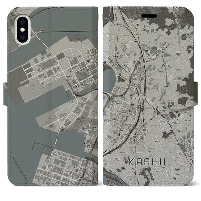 【香椎（福岡県）】地図柄iPhoneケース（手帳タイプ）モノトーン・iPhone XS Max 用