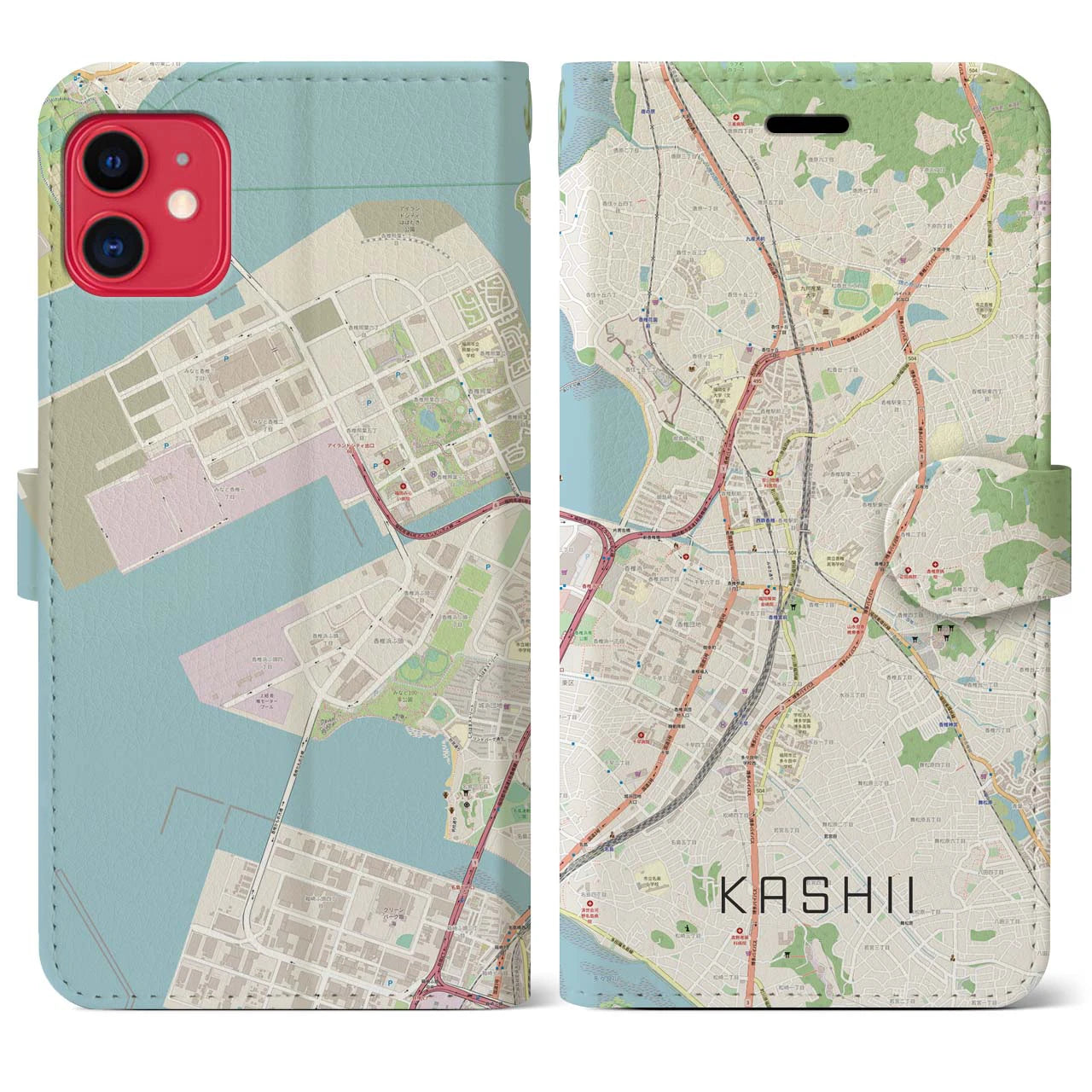 【香椎（福岡県）】地図柄iPhoneケース（手帳タイプ）ナチュラル・iPhone 11 用