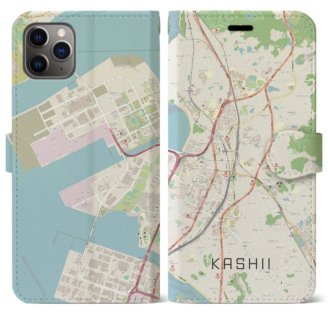 【香椎（福岡県）】地図柄iPhoneケース（手帳タイプ）ナチュラル・iPhone 11 Pro Max 用