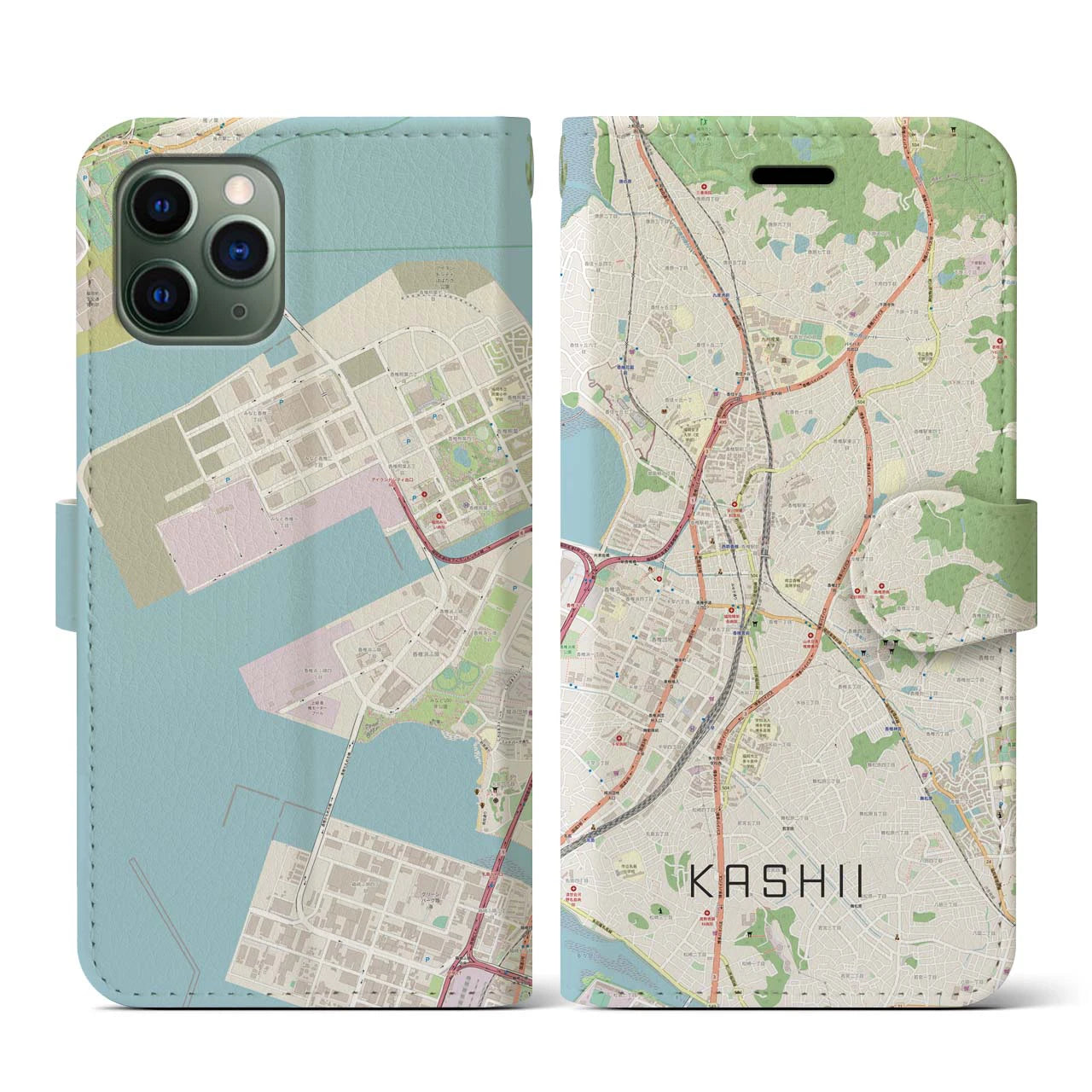 【香椎（福岡県）】地図柄iPhoneケース（手帳タイプ）ナチュラル・iPhone 11 Pro 用