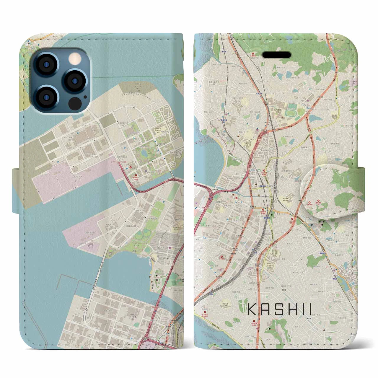 【香椎（福岡県）】地図柄iPhoneケース（手帳タイプ）ナチュラル・iPhone 12 / 12 Pro 用