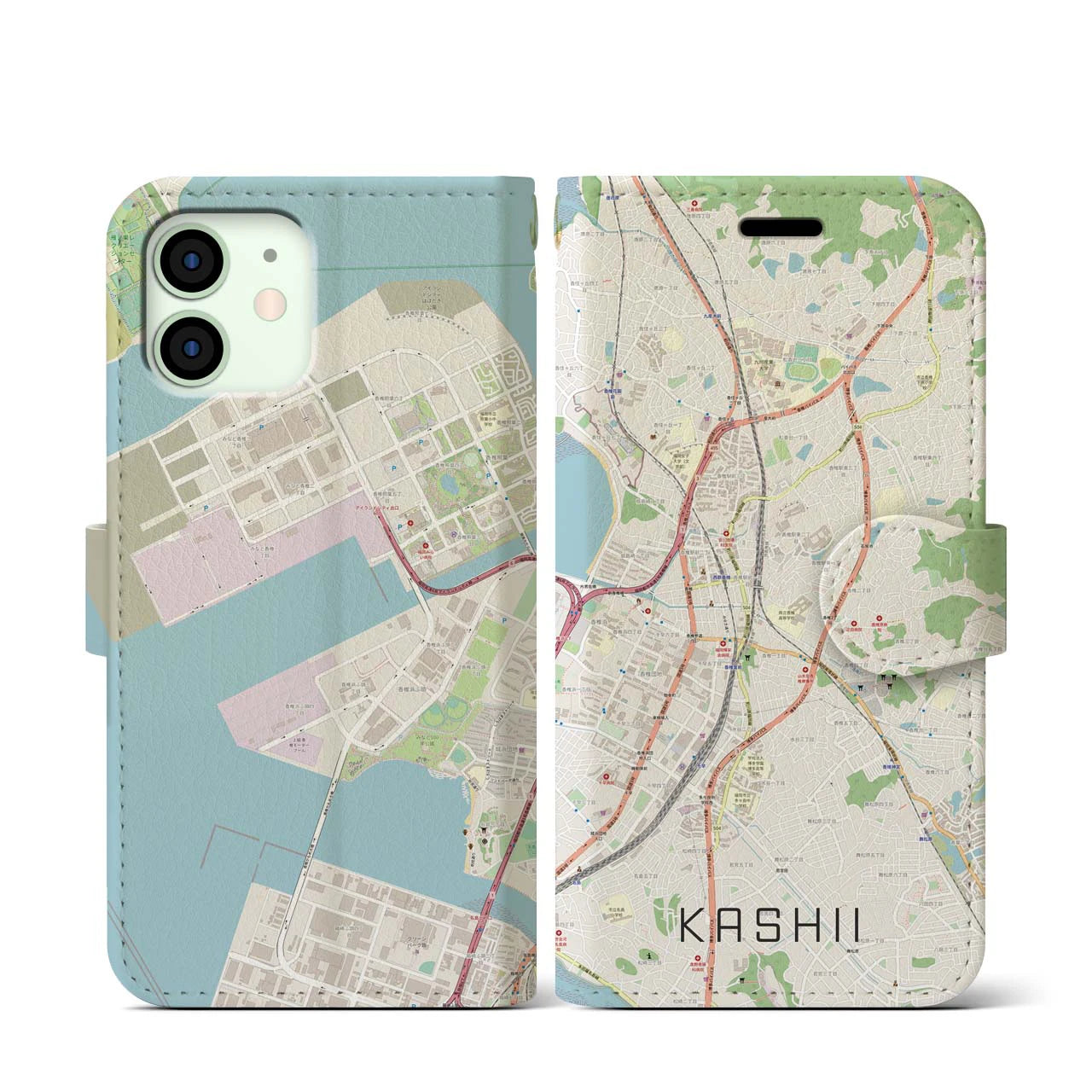 【香椎（福岡県）】地図柄iPhoneケース（手帳タイプ）ナチュラル・iPhone 12 mini 用