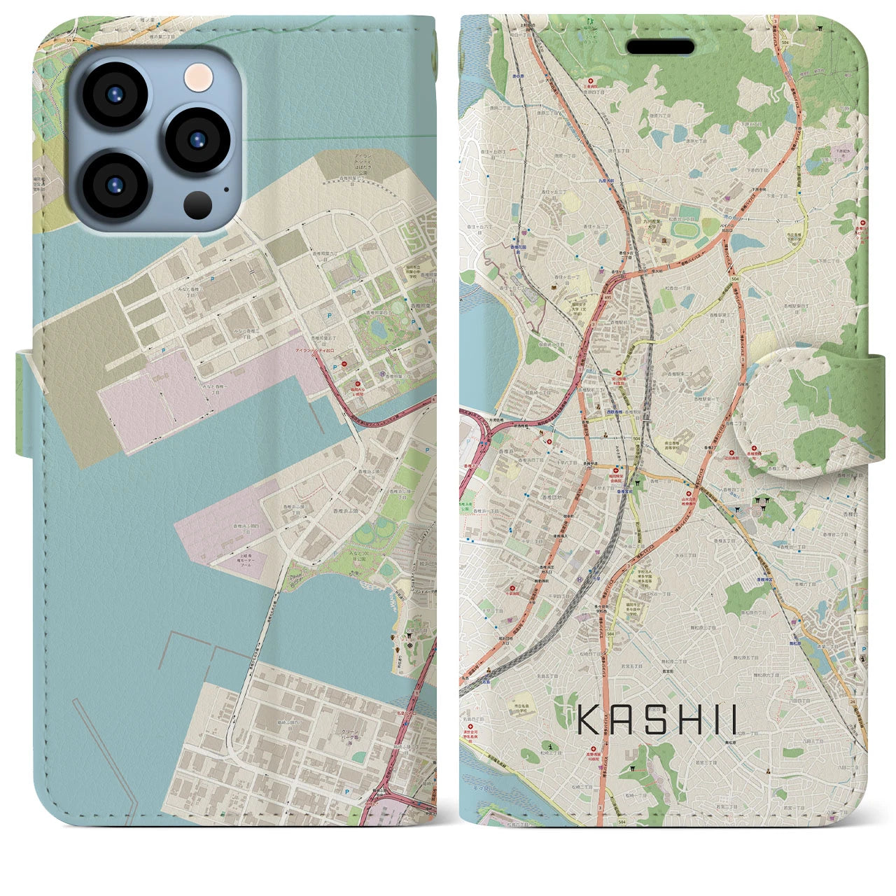 【香椎（福岡県）】地図柄iPhoneケース（手帳タイプ）ナチュラル・iPhone 13 Pro Max 用