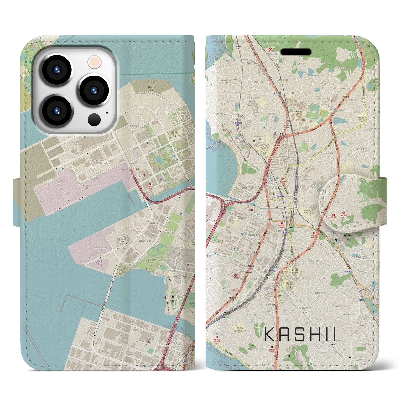 【香椎（福岡県）】地図柄iPhoneケース（手帳タイプ）ナチュラル・iPhone 13 Pro 用