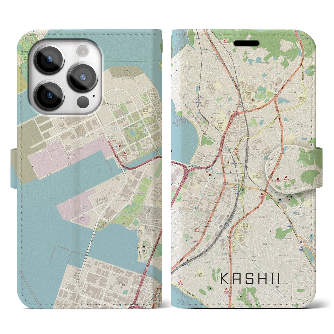 【香椎（福岡県）】地図柄iPhoneケース（手帳タイプ）ナチュラル・iPhone 14 Pro 用