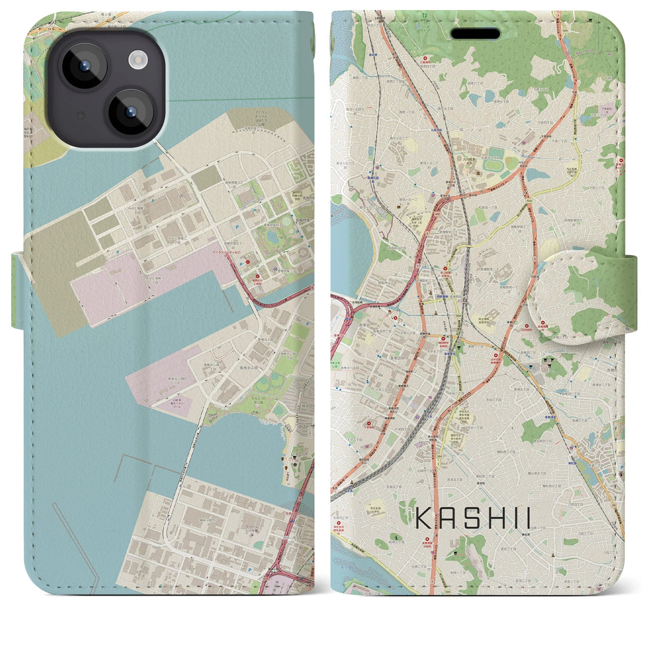 【香椎（福岡県）】地図柄iPhoneケース（手帳タイプ）ナチュラル・iPhone 14 Plus 用