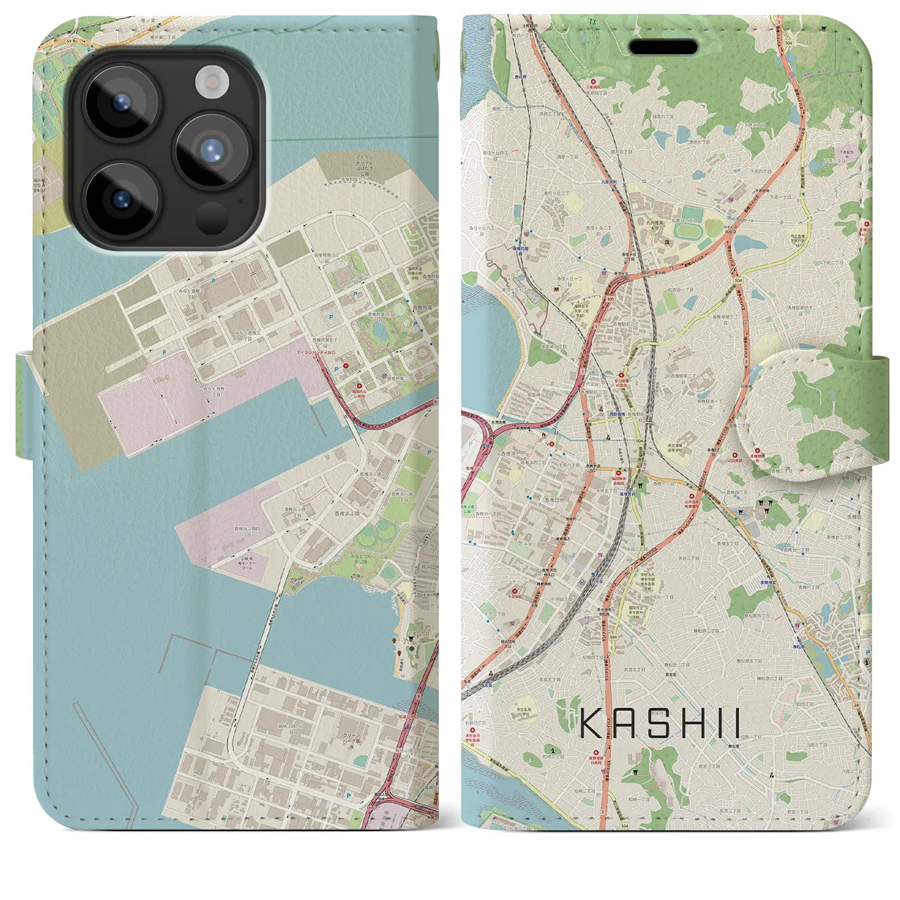 【香椎（福岡県）】地図柄iPhoneケース（手帳タイプ）ナチュラル・iPhone 15 Pro Max 用