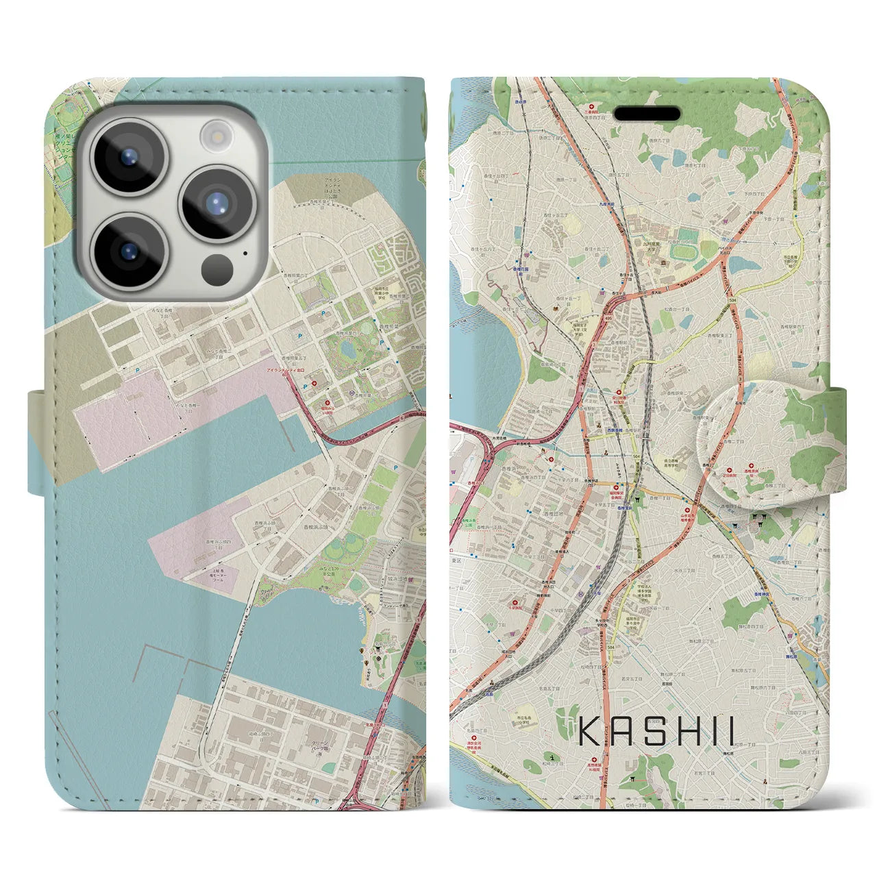 【香椎（福岡県）】地図柄iPhoneケース（手帳タイプ）ナチュラル・iPhone 15 Pro 用