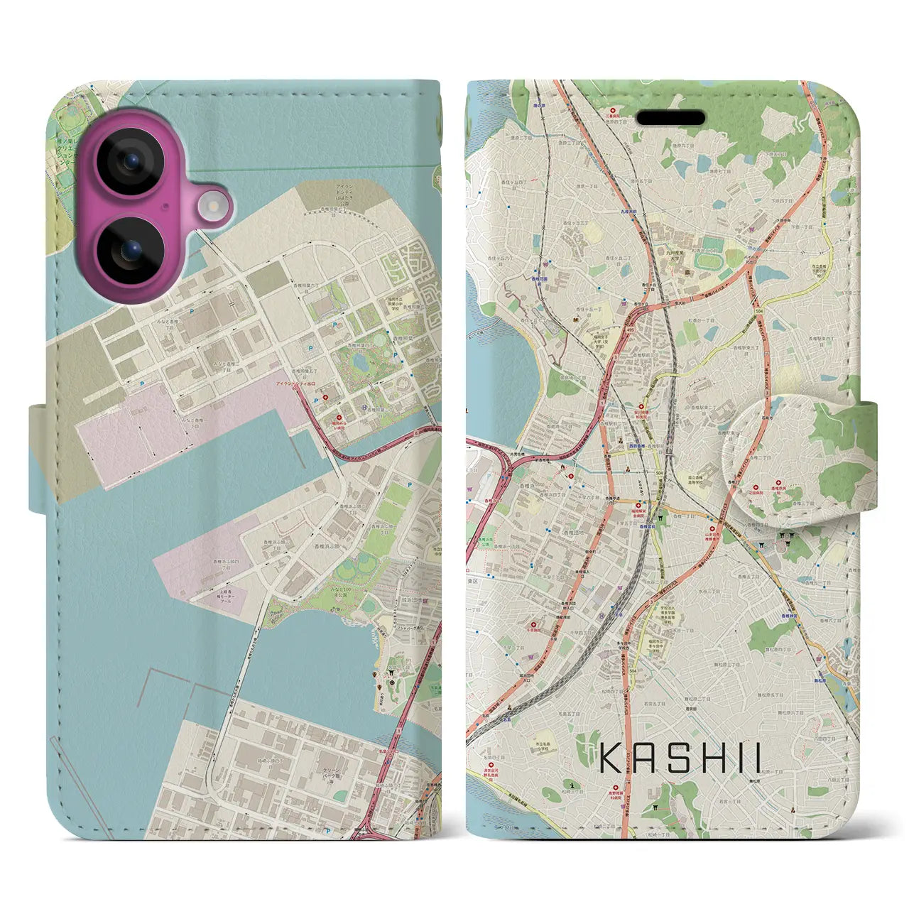 【香椎（福岡県）】地図柄iPhoneケース（手帳タイプ）ナチュラル・iPhone 16 Pro 用