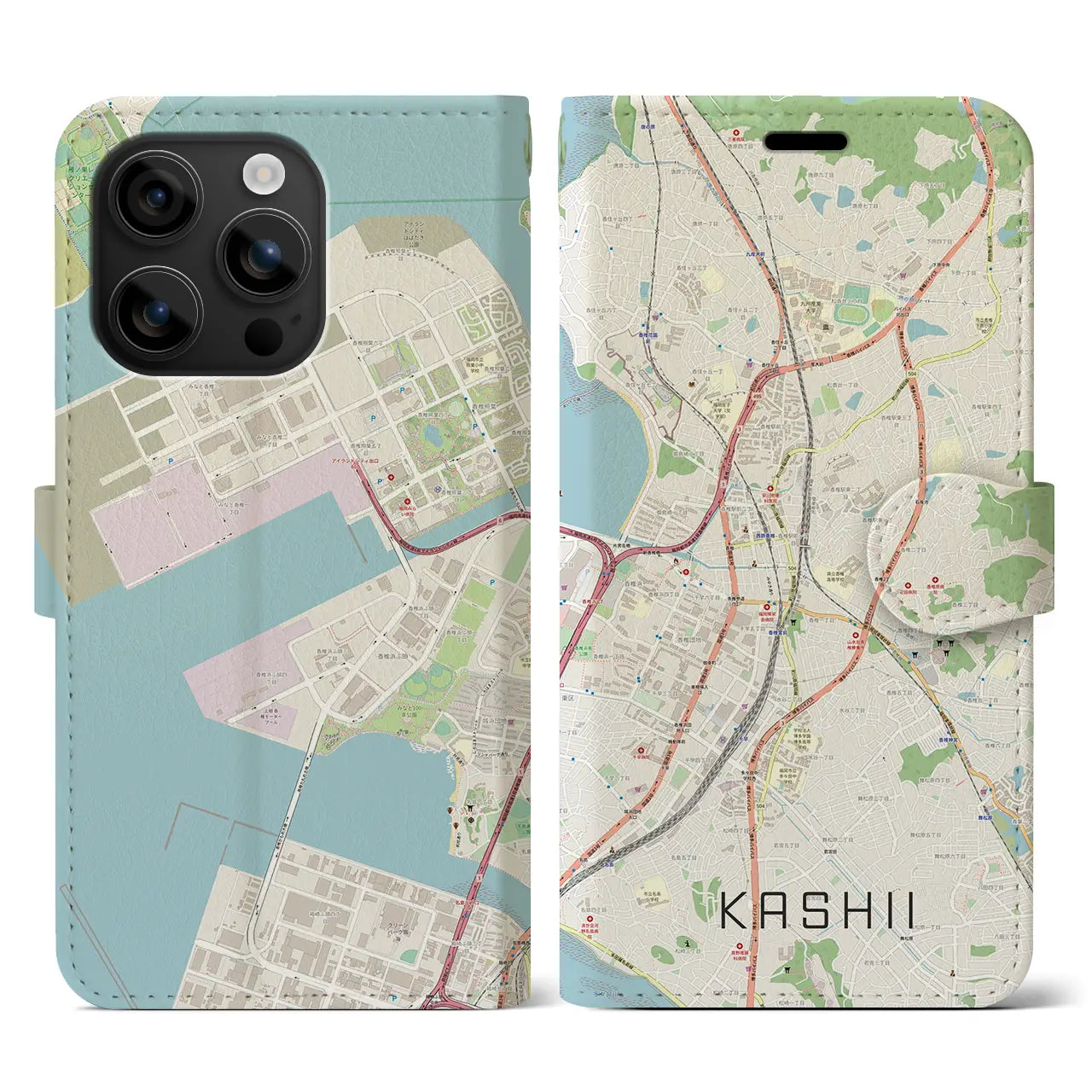 【香椎（福岡県）】地図柄iPhoneケース（手帳タイプ）ナチュラル・iPhone 16 用