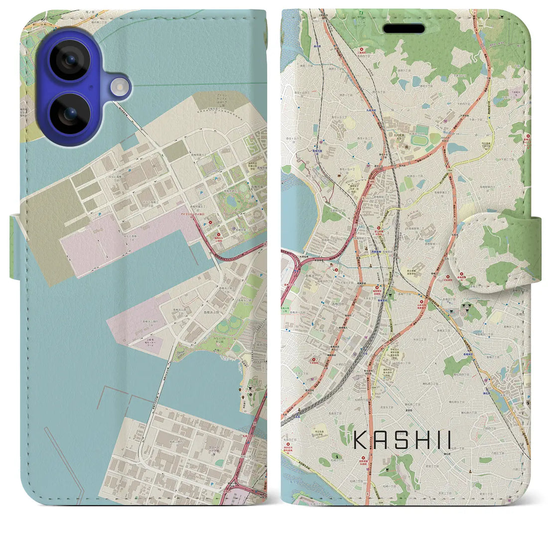 【香椎（福岡県）】地図柄iPhoneケース（手帳タイプ）ナチュラル・iPhone 16 Pro Max 用