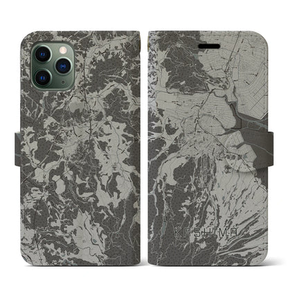 【鹿島（佐賀県）】地図柄iPhoneケース（手帳タイプ）モノトーン・iPhone 11 Pro 用