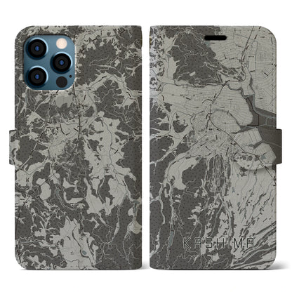 【鹿島（佐賀県）】地図柄iPhoneケース（手帳タイプ）モノトーン・iPhone 12 / 12 Pro 用