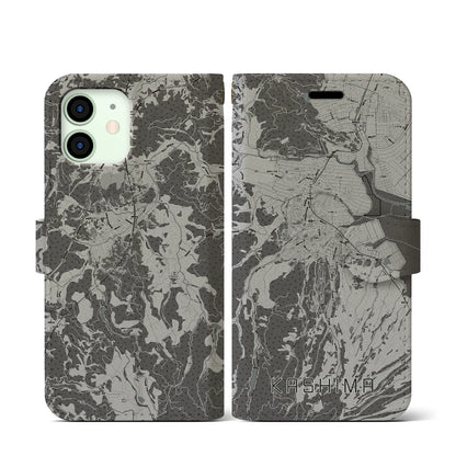 【鹿島（佐賀県）】地図柄iPhoneケース（手帳タイプ）モノトーン・iPhone 12 mini 用