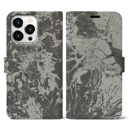 【鹿島（佐賀県）】地図柄iPhoneケース（手帳タイプ）モノトーン・iPhone 13 Pro 用