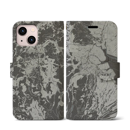 【鹿島（佐賀県）】地図柄iPhoneケース（手帳タイプ）モノトーン・iPhone 13 mini 用