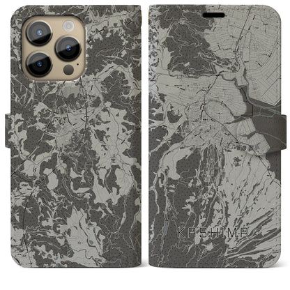 【鹿島（佐賀県）】地図柄iPhoneケース（手帳タイプ）モノトーン・iPhone 14 Pro Max 用