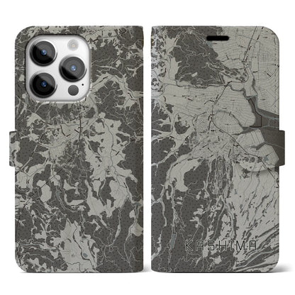 【鹿島（佐賀県）】地図柄iPhoneケース（手帳タイプ）モノトーン・iPhone 14 Pro 用