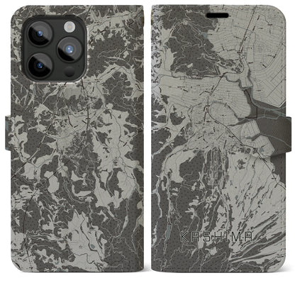 【鹿島（佐賀県）】地図柄iPhoneケース（手帳タイプ）モノトーン・iPhone 15 Pro Max 用