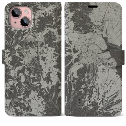 【鹿島（佐賀県）】地図柄iPhoneケース（手帳タイプ）モノトーン・iPhone 15 Plus 用