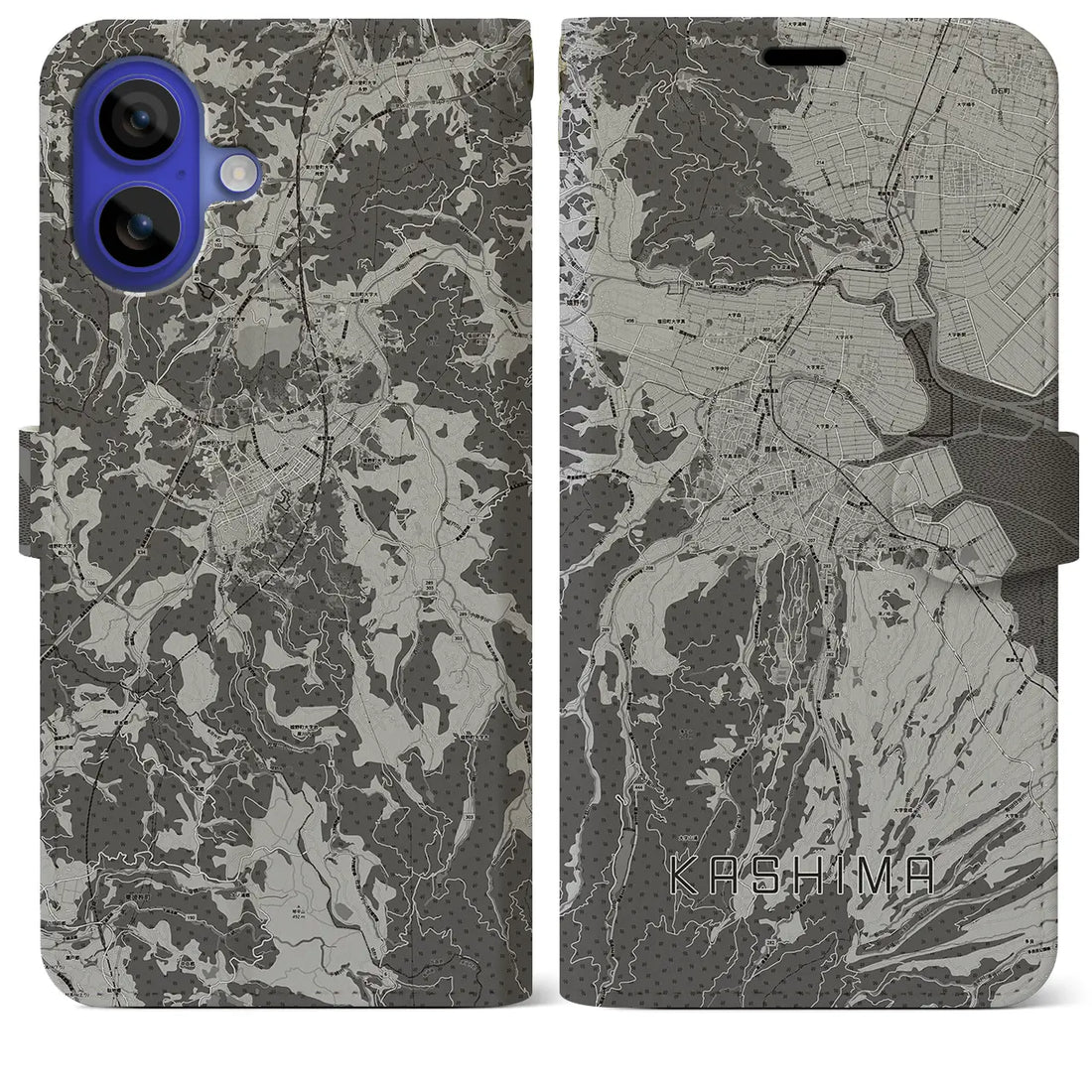 【鹿島(佐賀県)】地図柄iPhoneケース(手帳タイプ)モノトーン・iPhone 16 Pro Max 用