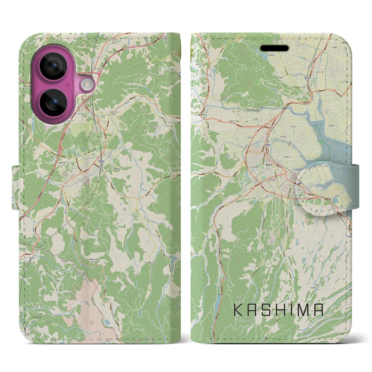 【鹿島（佐賀県）】地図柄iPhoneケース（手帳タイプ）ナチュラル・iPhone 16 Pro 用