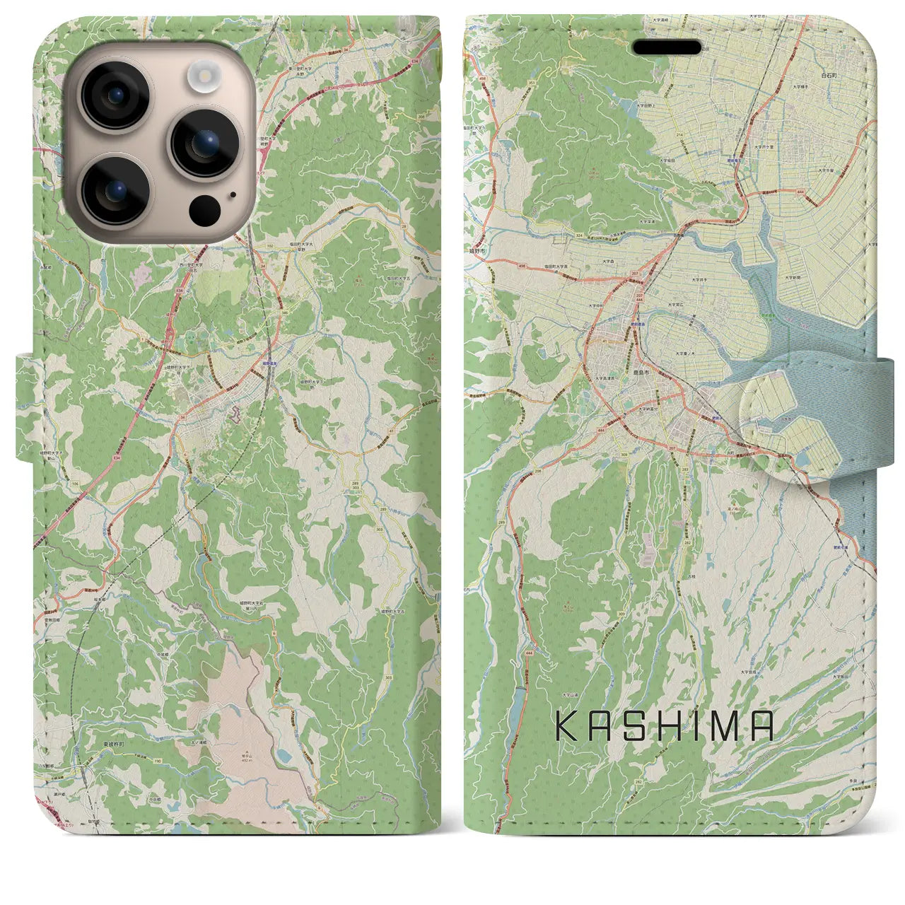 【鹿島（佐賀県）】地図柄iPhoneケース（手帳タイプ）ナチュラル・iPhone 16 Plus 用