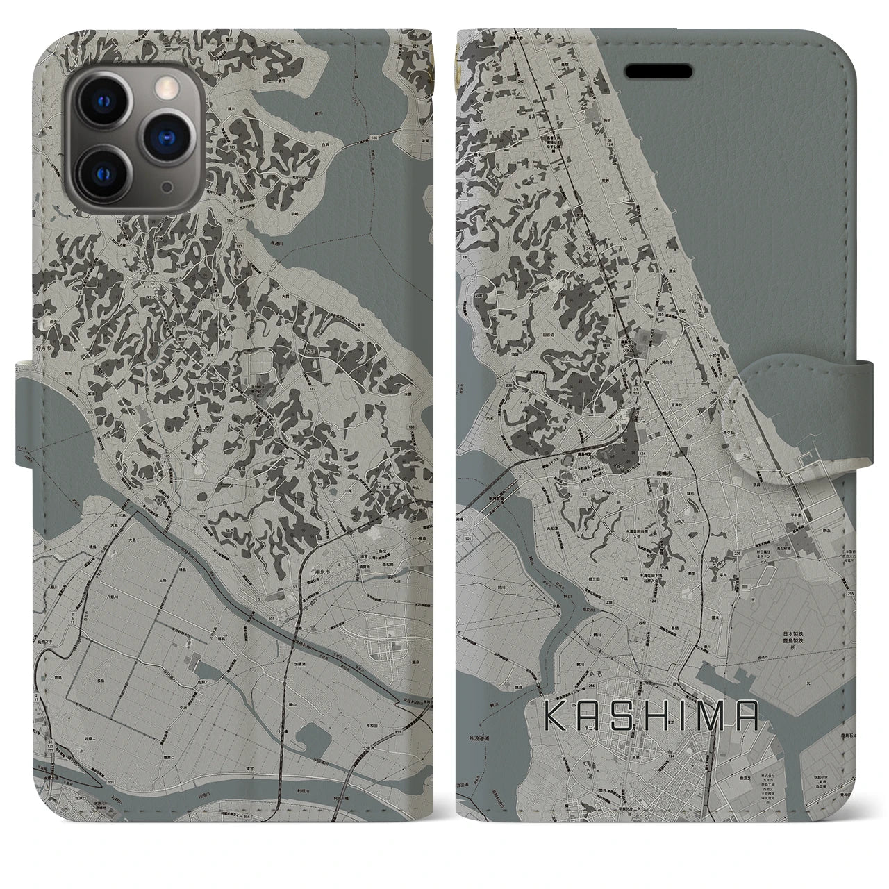 【鹿島】地図柄iPhoneケース（手帳両面タイプ・モノトーン）iPhone 11 Pro Max 用