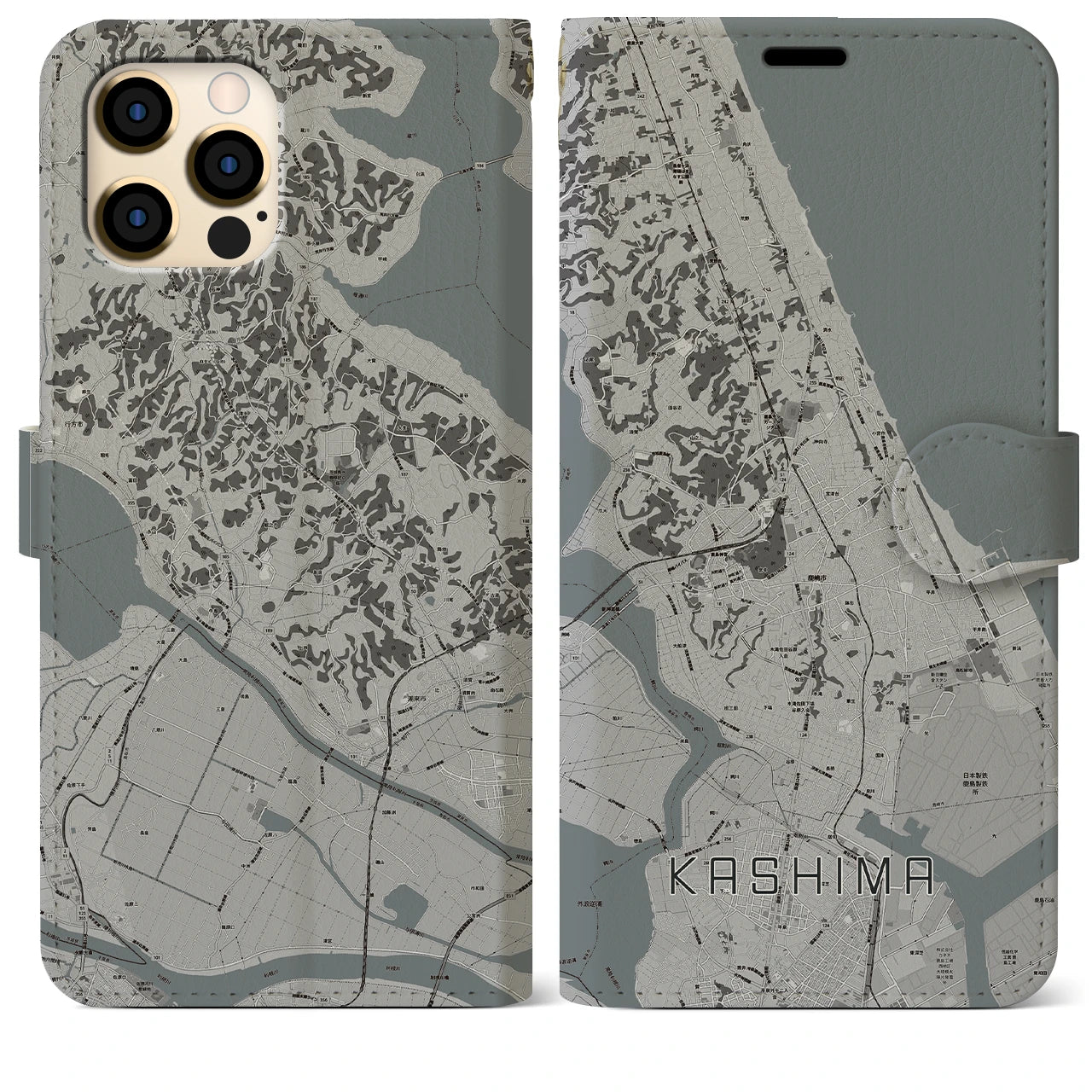 【鹿島】地図柄iPhoneケース（手帳両面タイプ・モノトーン）iPhone 12 Pro Max 用