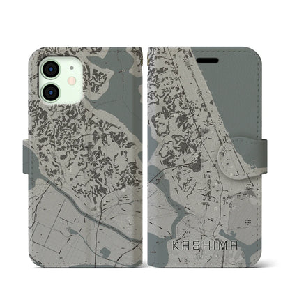 【鹿島（茨城県）】地図柄iPhoneケース（手帳タイプ）モノトーン・iPhone 12 mini 用