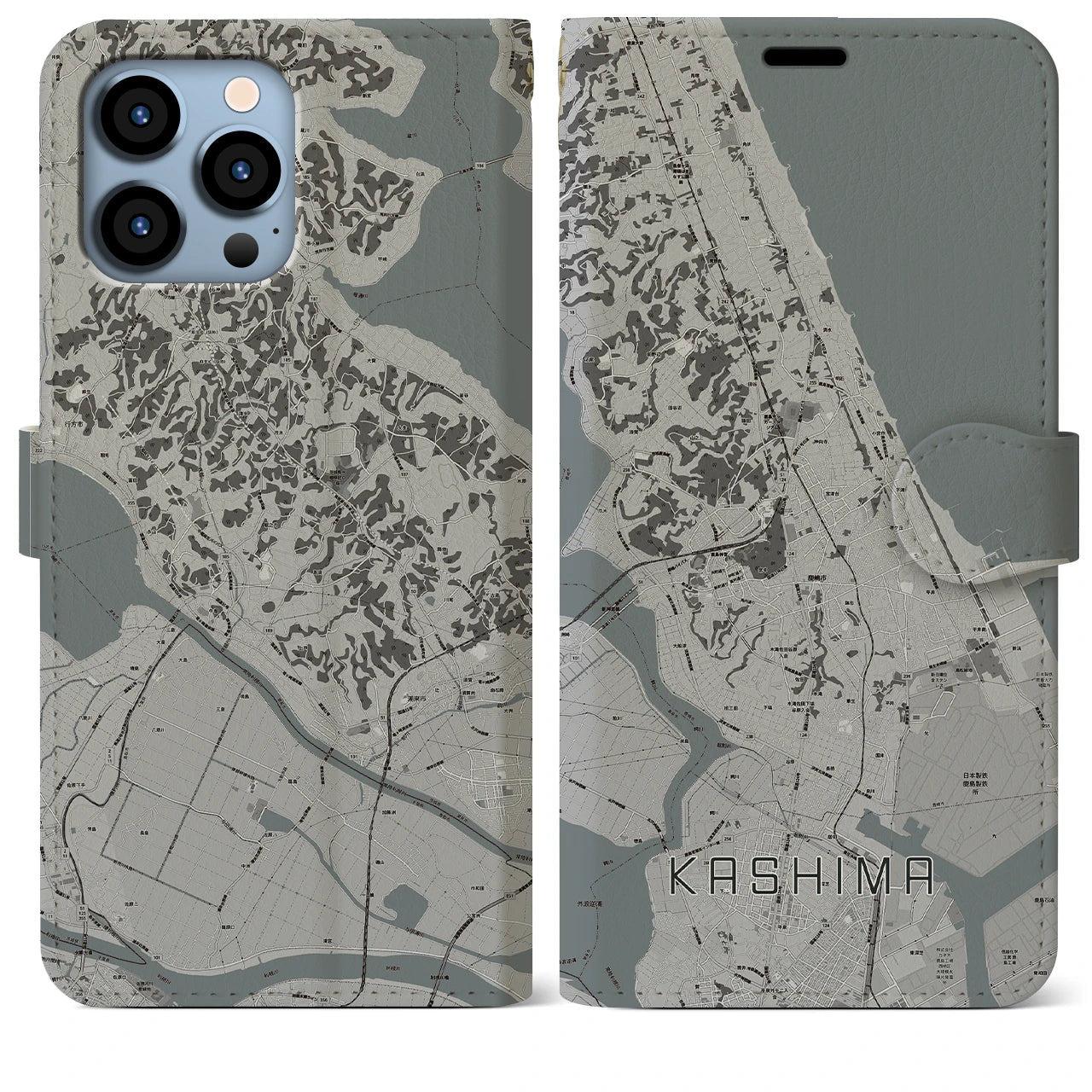 【鹿島】地図柄iPhoneケース（手帳両面タイプ・モノトーン）iPhone 13 Pro Max 用