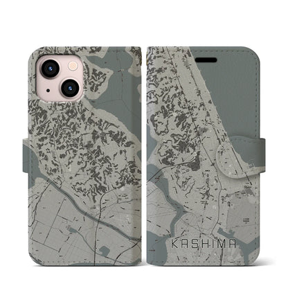 【鹿島（茨城県）】地図柄iPhoneケース（手帳タイプ）モノトーン・iPhone 13 mini 用