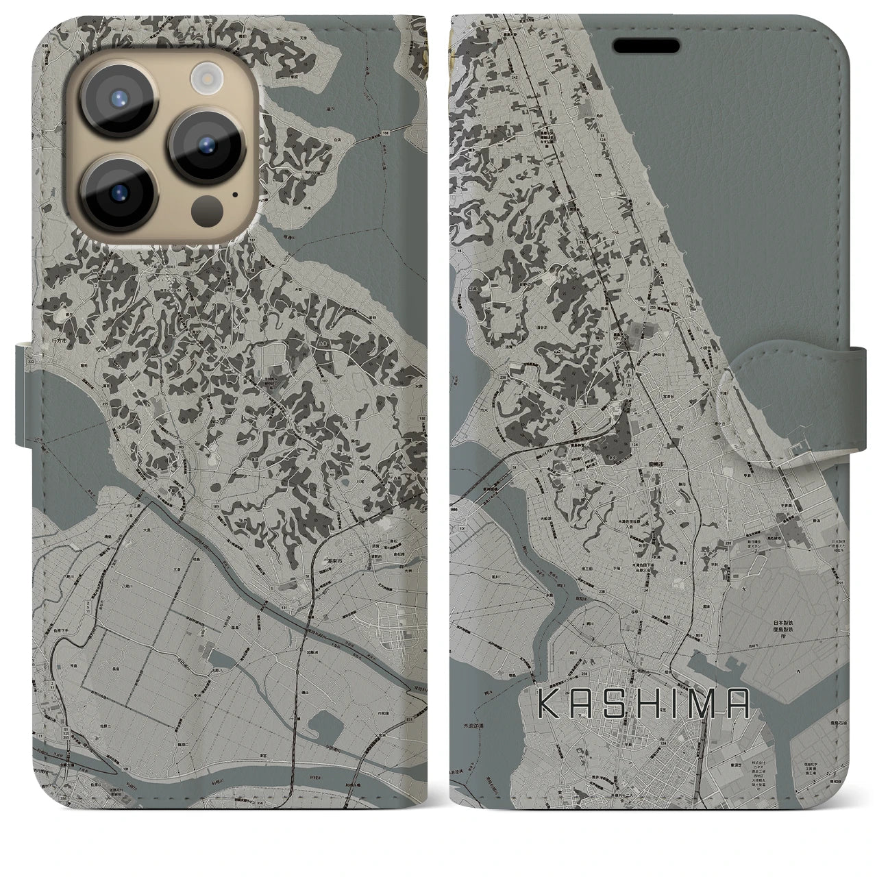 【鹿島】地図柄iPhoneケース（手帳両面タイプ・モノトーン）iPhone 14 Pro Max 用