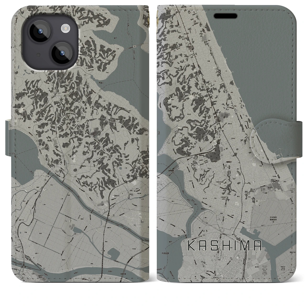 【鹿島】地図柄iPhoneケース（手帳両面タイプ・モノトーン）iPhone 14 Plus 用