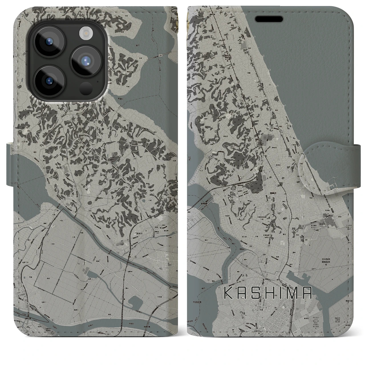 【鹿島】地図柄iPhoneケース（手帳両面タイプ・モノトーン）iPhone 15 Pro Max 用