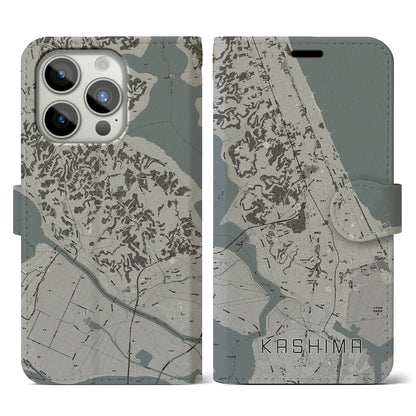 【鹿島（茨城県）】地図柄iPhoneケース（手帳タイプ）モノトーン・iPhone 15 Pro 用